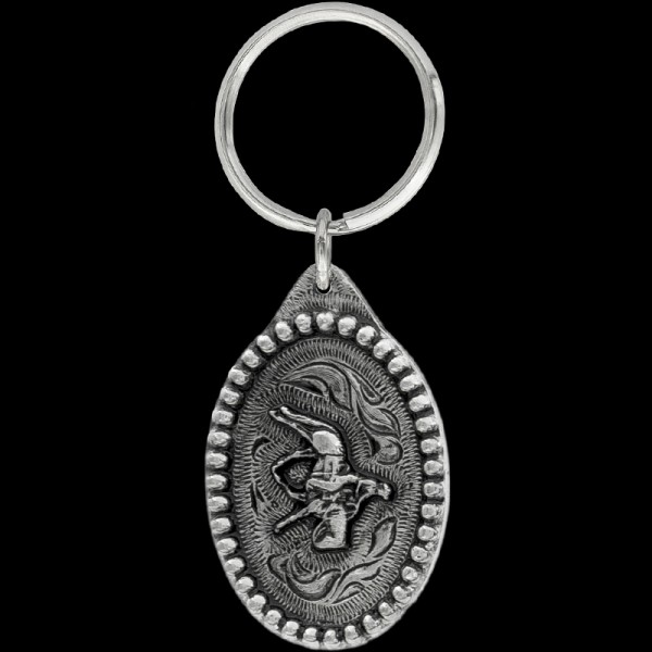 Ranch Rider Keychain, includes a beautiful beaded border, our 3D Western Pleasure figure, and a key ring attachment. Each silver keychain is built with our white metal alloy. 1.25"x2"